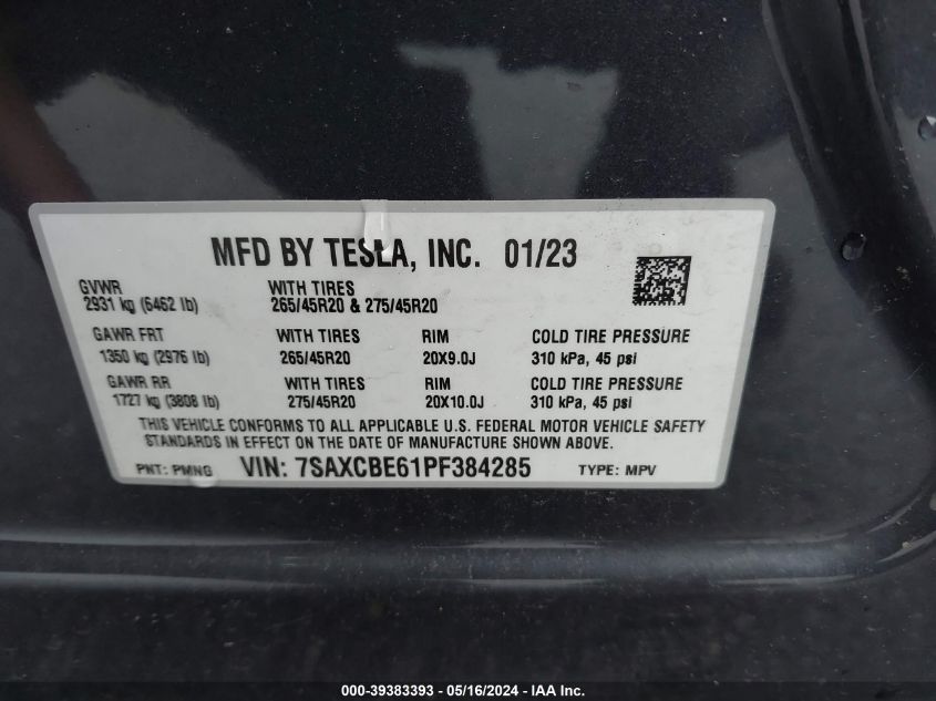 2023 Tesla Model X Plaid Tri Motor All-Wheel Drive VIN: 7SAXCBE61PF384285 Lot: 39383393