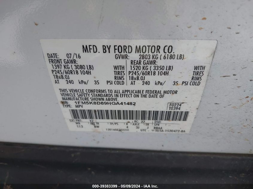 VIN 1FM5K8D89HGA41482 2017 FORD EXPLORER XLT