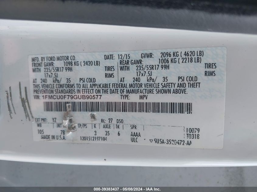 2016 FORD ESCAPE S - 1FMCU0F79GUB90577