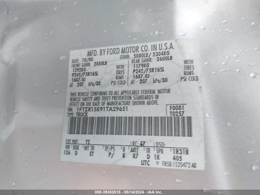 2001 Ford Ranger Edge/Xlt VIN: 1FTZR15E91TA29651 Lot: 39383515