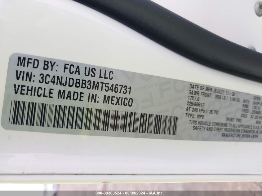 2021 Jeep Compass Latitude 4X4 VIN: 3C4NJDBB3MT546731 Lot: 39383524