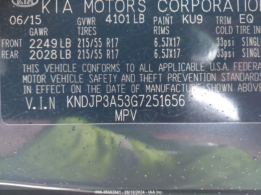 2016 Kia Soul + VIN: KNDJP3A53G7251656 Lot: 39383541