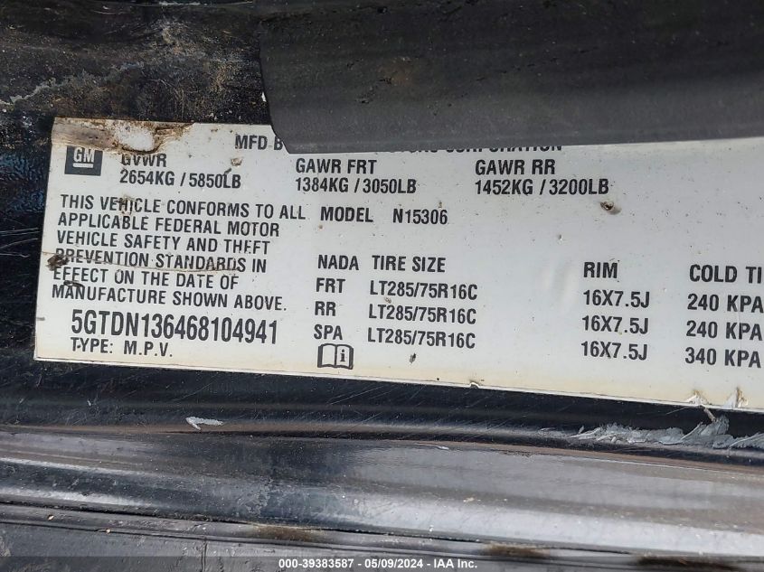 2006 Hummer H3 Suv VIN: 5GTDN136468104941 Lot: 39383587