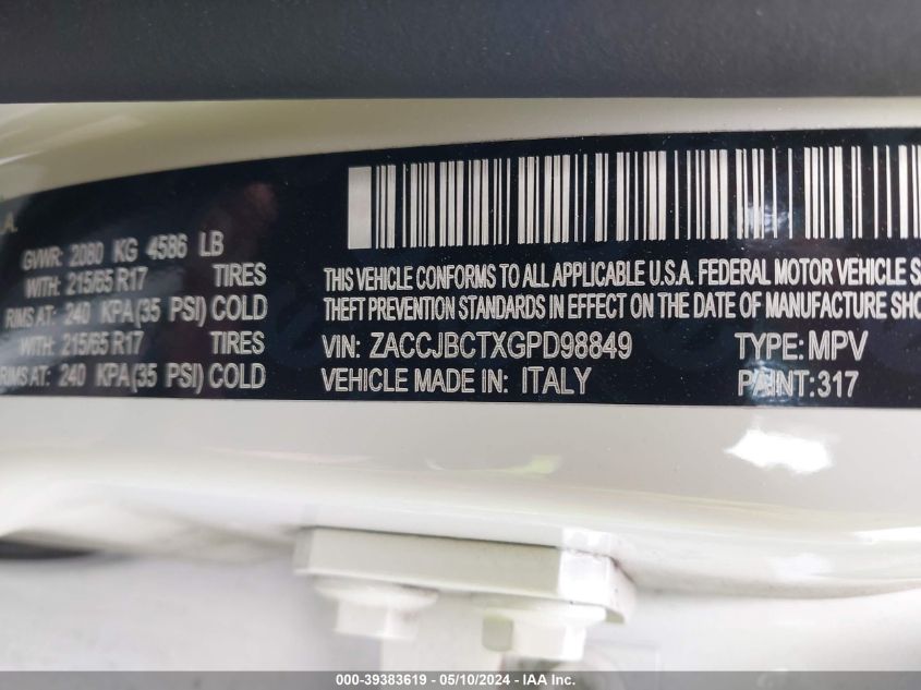 2016 Jeep Renegade Trailhawk VIN: ZACCJBCTXGPD98849 Lot: 39383619