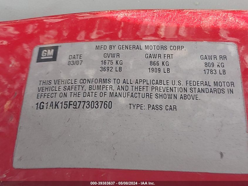 2007 Chevrolet Cobalt Ls VIN: 1G1AK15F977303760 Lot: 39383637