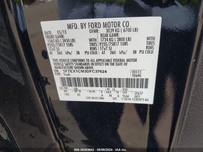 2013 Ford F-150 Xl VIN: 1FTEX1CM3DFC37624 Lot: 39383642