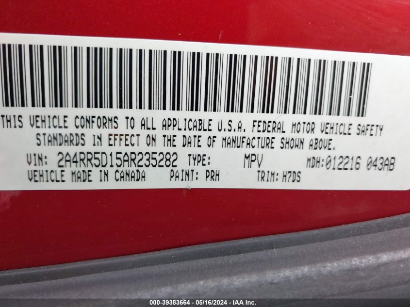2010 Chrysler Town & Country Touring VIN: 2A4RR5D15AR235282 Lot: 39383664