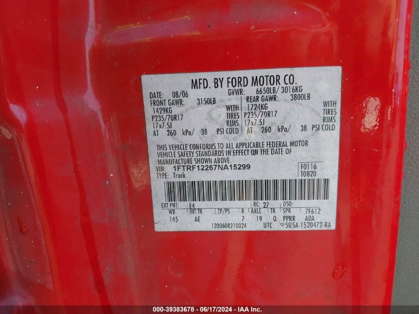 2007 Ford F-150 Stx/Xl/Xlt VIN: 1FTRF12267NA15299 Lot: 39383678