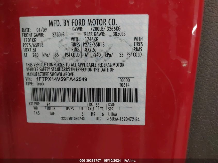 2009 Ford F-150 Fx4/Lariat/Xl/Xlt VIN: 1FTPX14V59FA42549 Lot: 39383707