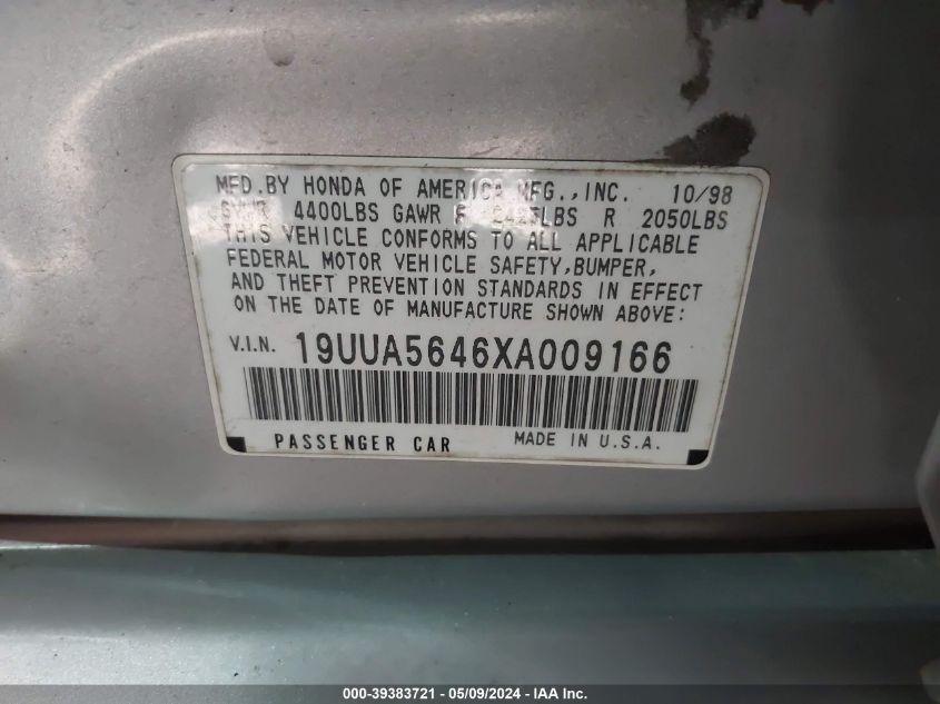 1999 Acura Tl 3.2 VIN: 19UUA5646XA009166 Lot: 39383721