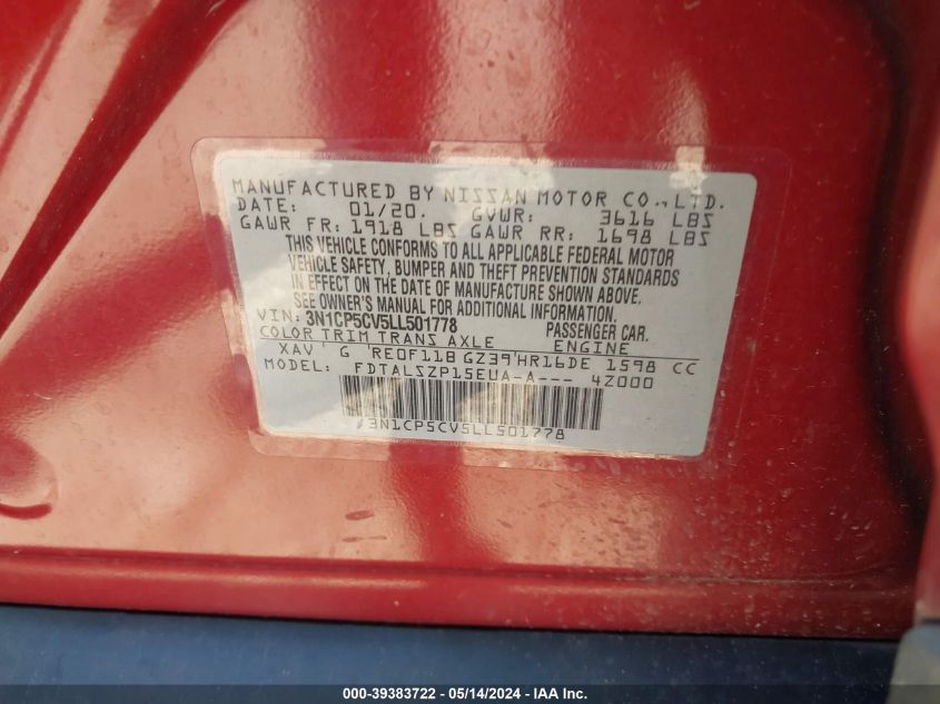 2020 Nissan Kicks Sv Xtronic Cvt VIN: 3N1CP5CV5LL501778 Lot: 39383722