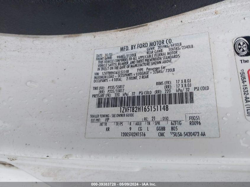 2006 Ford Mustang Gt VIN: 1ZVFT82H165151148 Lot: 39383728