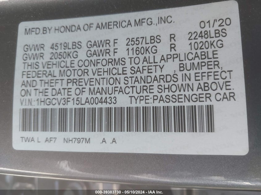 VIN 1HGCV3F15LA004433 2020 HONDA ACCORD HYBRID