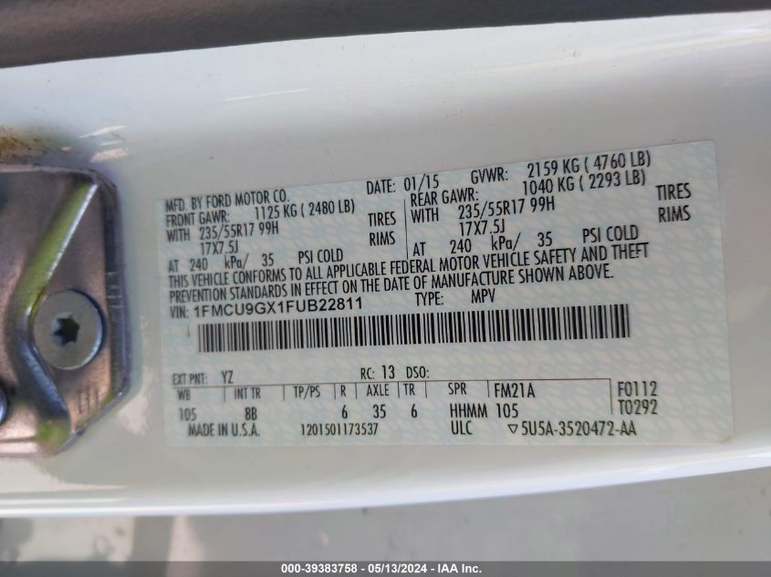 2015 Ford Escape Se VIN: 1FMCU9GX1FUB22811 Lot: 39383758