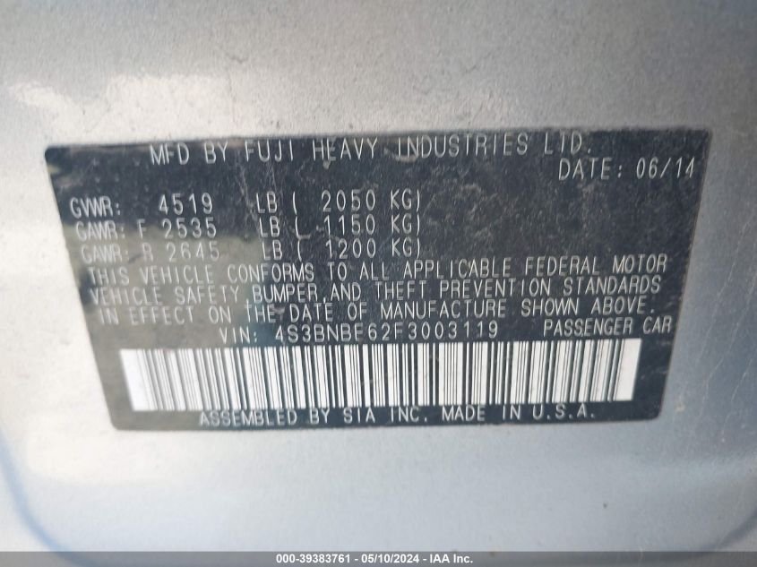 2015 Subaru Legacy 2.5I Premium VIN: 4S3BNBE62F3003119 Lot: 39383761