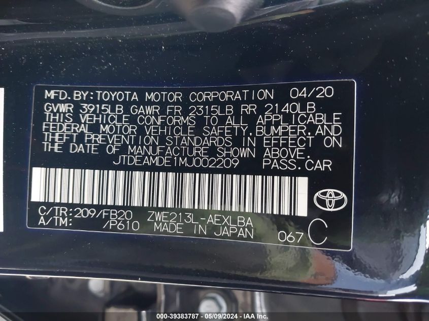 2021 Toyota Corolla Hybrid Le VIN: JTDEAMDE1MJ002209 Lot: 39383787