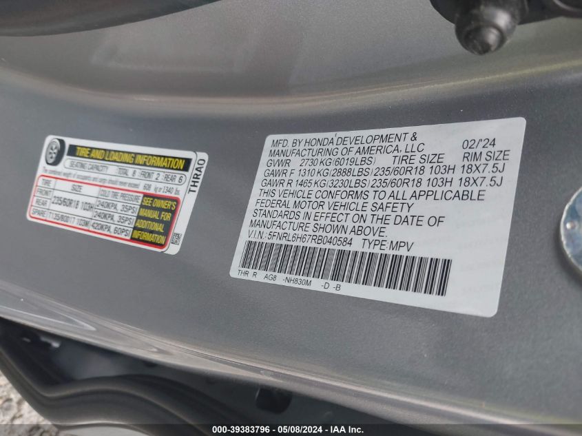 2024 Honda Odyssey Ex-L VIN: 5FNRL6H67RB040584 Lot: 39383796