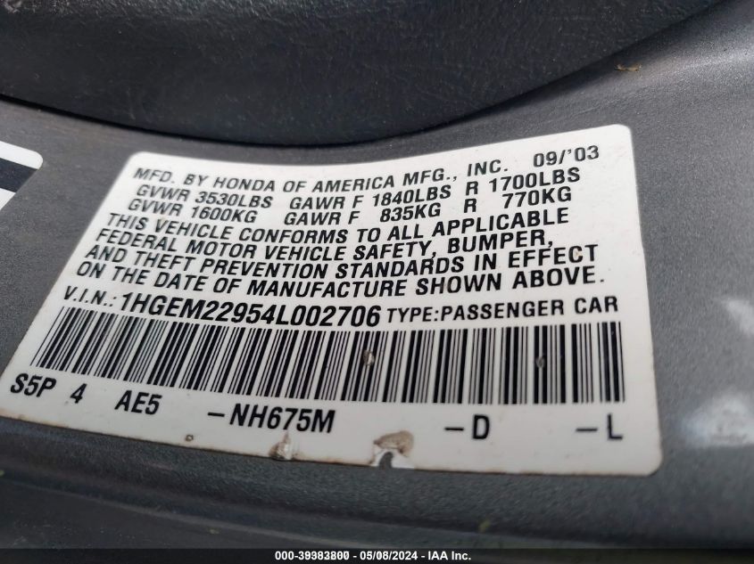 2004 Honda Civic Ex VIN: 1HGEM22954L002706 Lot: 39383800