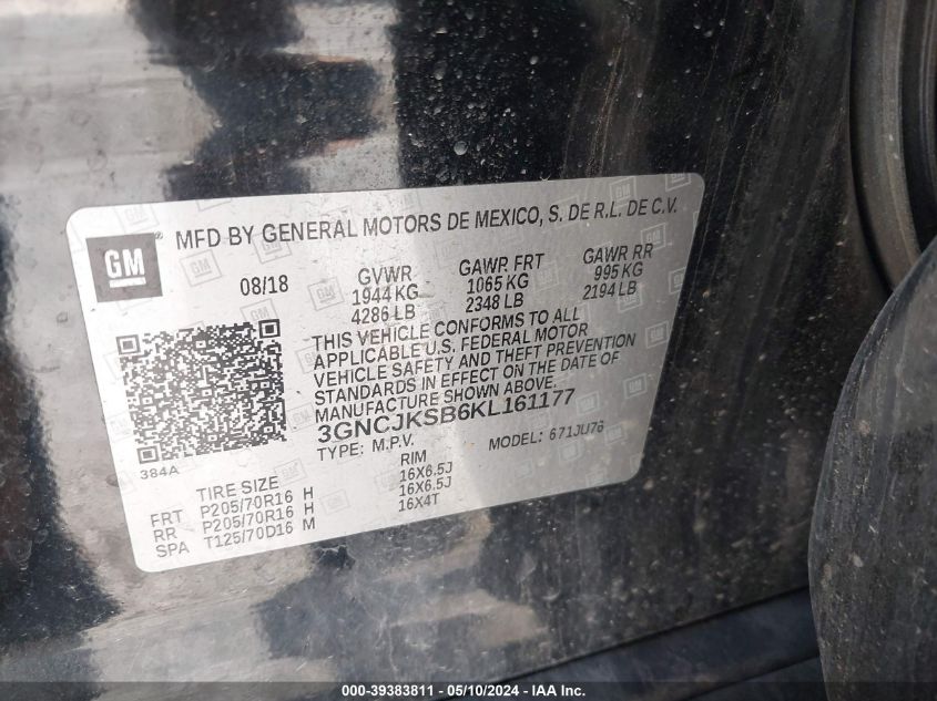 2019 Chevrolet Trax Ls VIN: 3GNCJKSB6KL161177 Lot: 39383811