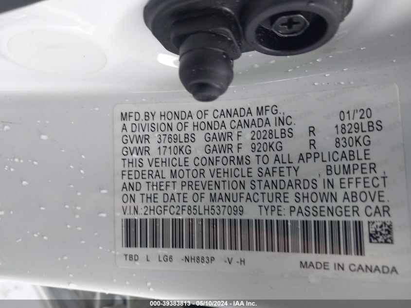 2020 Honda Civic Sport VIN: 2HGFC2F85LH537099 Lot: 39383813