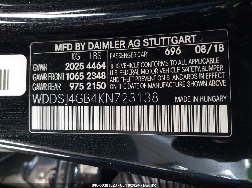 2019 Mercedes-Benz Cla 250 4Matic VIN: WDDSJ4GB4KN723138 Lot: 39383828