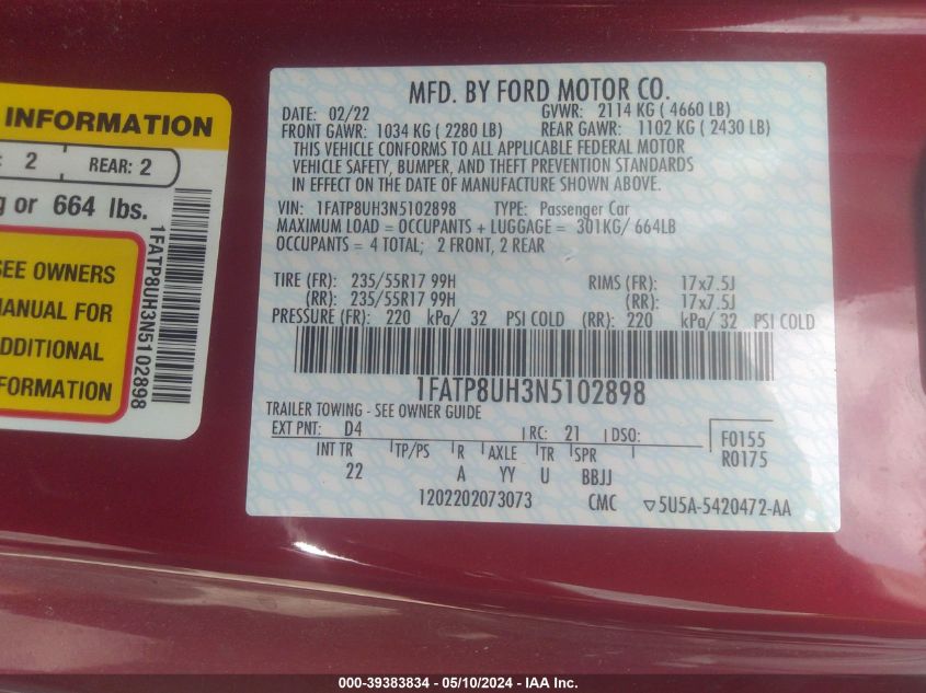 2022 Ford Mustang Ecoboost VIN: 1FATP8UH3N5102898 Lot: 39383834