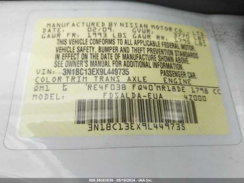 2009 Nissan Versa S/Sl VIN: 3N1BC13EX93449735 Lot: 39383839