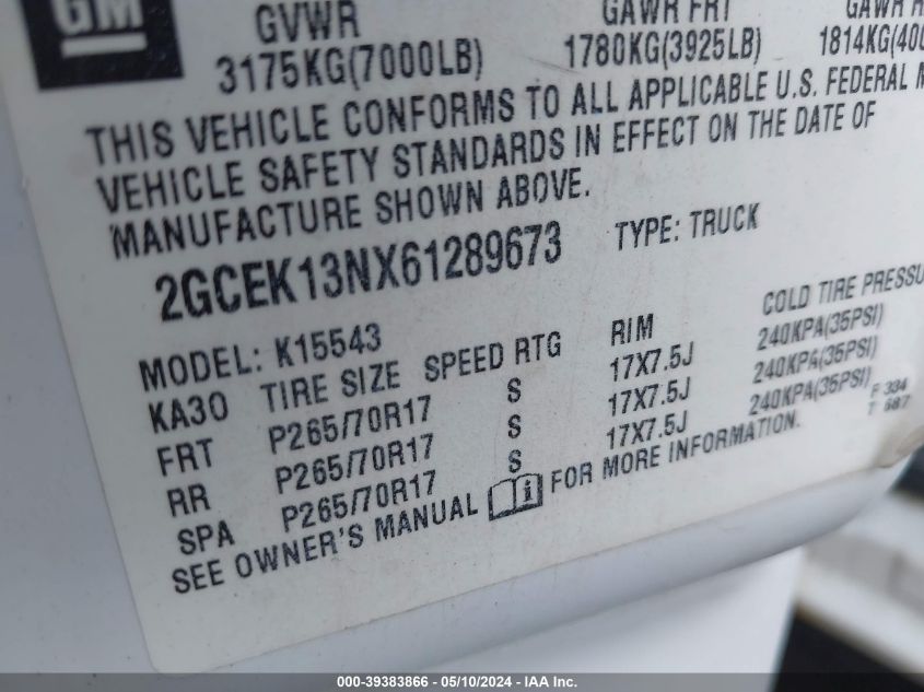 2006 Chevrolet Silverado 1500 Lt1 VIN: 2GCEK13NX61289673 Lot: 39383866