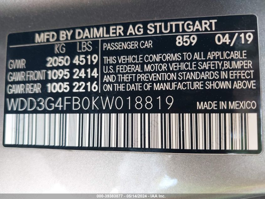 2019 Mercedes-Benz A 220 4Matic VIN: WDD3G4FB0KW018819 Lot: 39383877