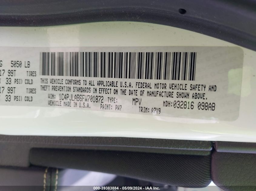 2015 Jeep Cherokee Sport VIN: 1C4PJLAB6FW701872 Lot: 39383884