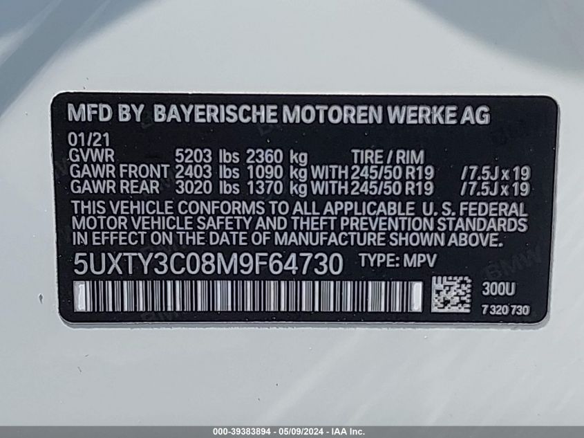 2021 BMW X3 Sdrive30I VIN: 5UXTY3C08M9F64730 Lot: 39383894