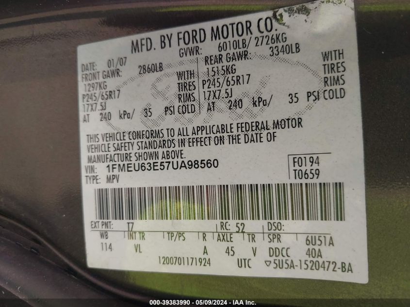 2007 Ford Explorer Xlt VIN: 1FMEU63E57UA98560 Lot: 39383990