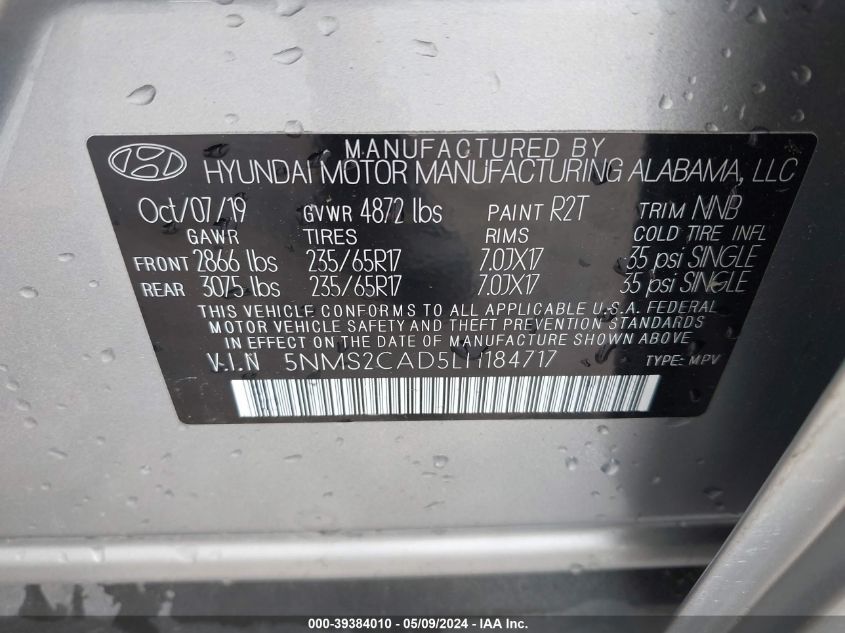 2020 Hyundai Santa Fe Se VIN: 5NMS2CAD5LH184717 Lot: 39384010