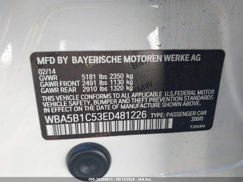 2014 BMW 535I VIN: WBA5B1C53ED481226 Lot: 39384013