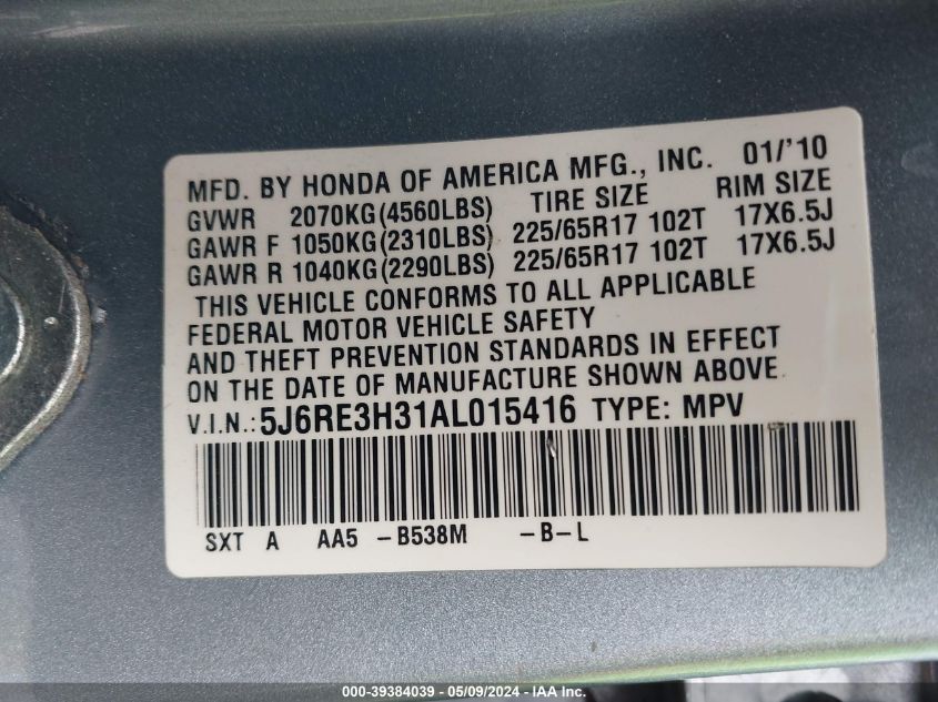 2010 Honda Cr-V Lx VIN: 5J6RE3H31AL015416 Lot: 39384039