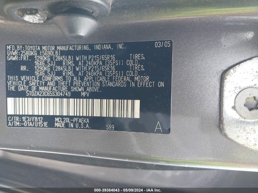 2005 Toyota Sienna Ce/Le VIN: 5TDZA23C65S304749 Lot: 39384043