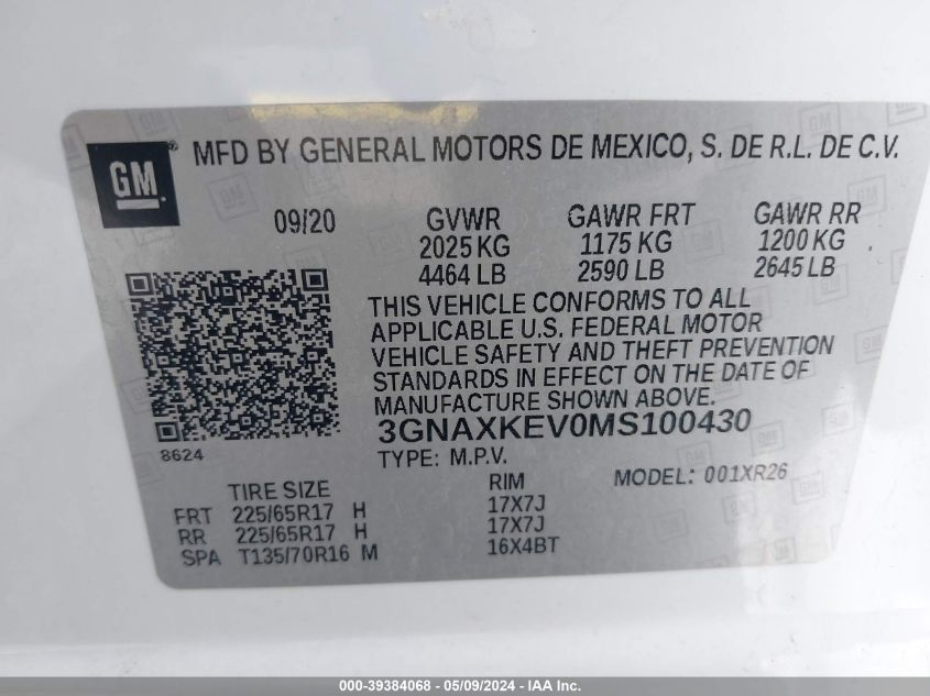 2021 Chevrolet Equinox Fwd Lt VIN: 3GNAXKEV0MS100430 Lot: 39384068