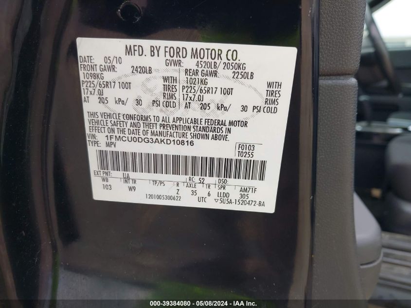 1FMCU0DG3AKD10816 2010 Ford Escape Xlt