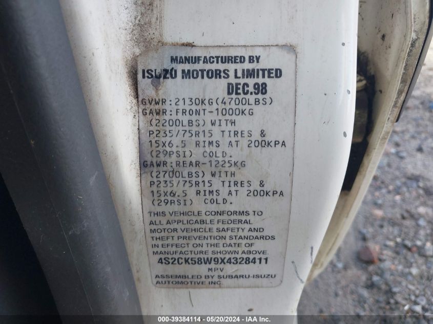 1999 Isuzu Rodeo Ls/Lse/S 3.2L VIN: 4S2CK58W9X4328411 Lot: 39384114
