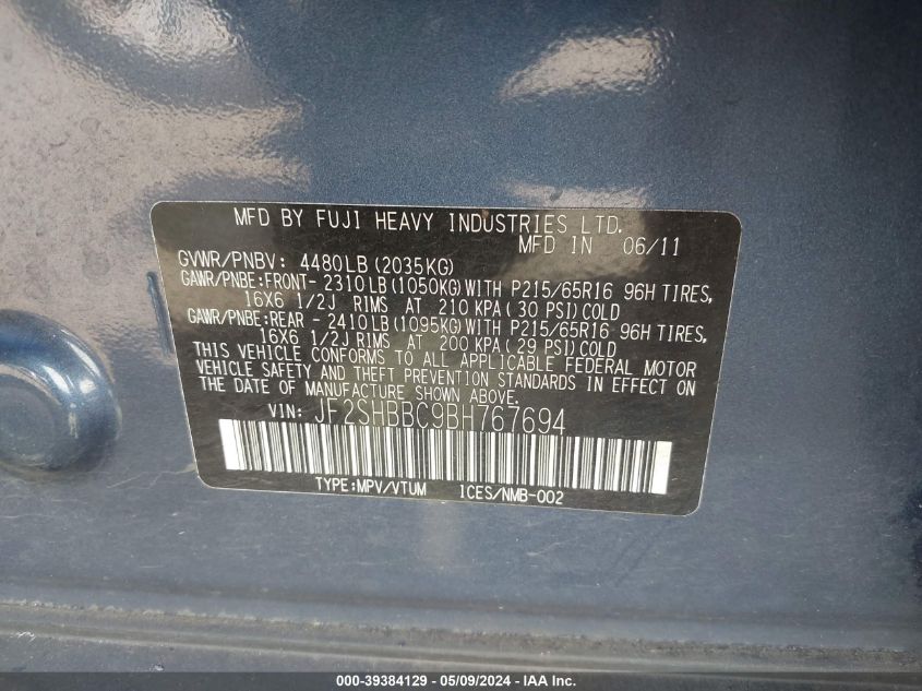 2011 Subaru Forester 2.5X VIN: JF2SHBBC9BH767694 Lot: 39384129