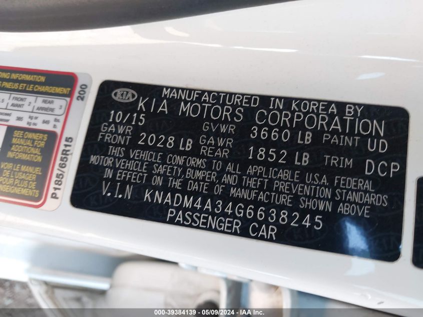 2016 Kia Rio Lx VIN: KNADM4A34G6638245 Lot: 39384139