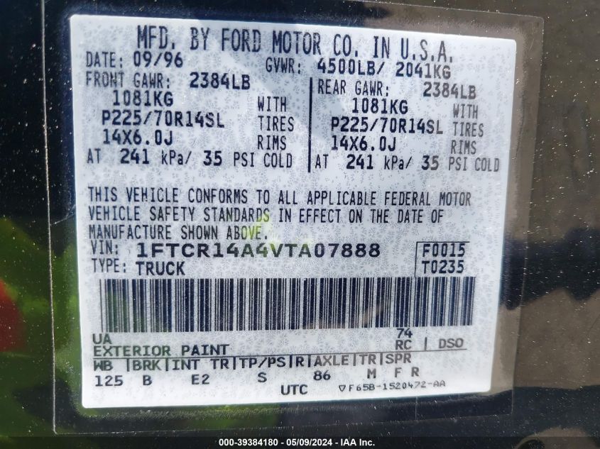 1997 Ford Ranger Xl/Xlt VIN: 1FTCR14A4VTA07888 Lot: 39384180