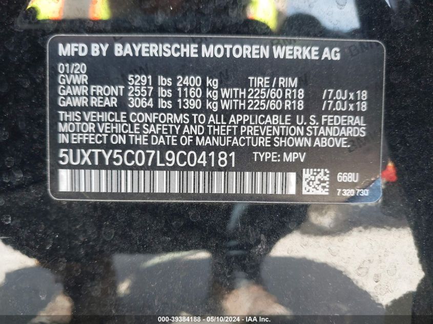 2020 BMW X3 xDrive30I VIN: 5UXTY5C07L9C04181 Lot: 39384188