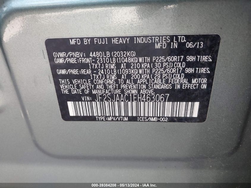 2014 Subaru Forester 2.5I VIN: JF2SJAAC1EH463067 Lot: 39384208