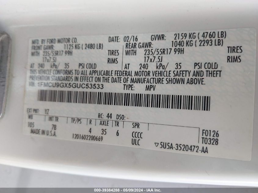 2016 Ford Escape Se VIN: 1FMCU9GX5GUC53533 Lot: 39384288