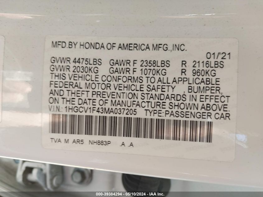 2021 Honda Accord Sport Special Edition VIN: 1HGCV1F43MA037205 Lot: 39384294