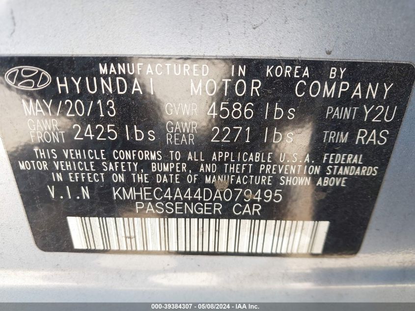 2013 Hyundai Sonata Hybrid Limited VIN: KMHEC4A44DA079495 Lot: 39384307