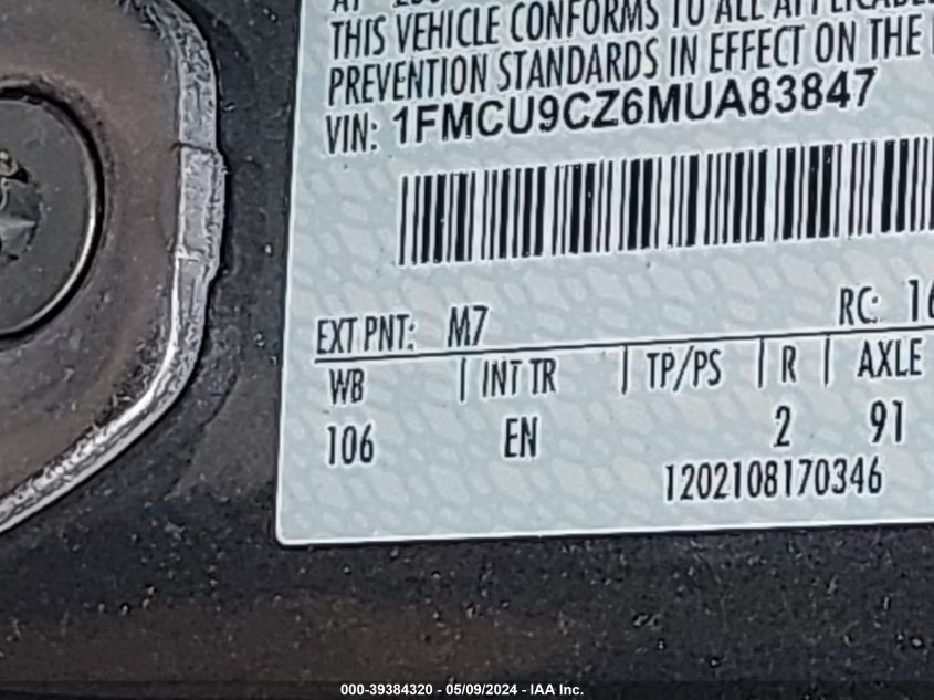 2021 Ford Escape Sel Hybrid VIN: 1FMCU9CZ6MUA83847 Lot: 39384320