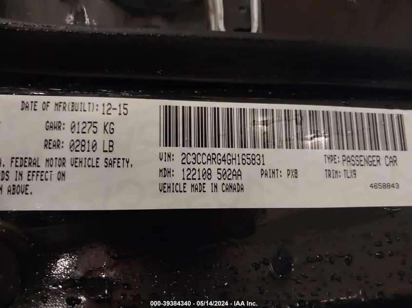 2016 Chrysler 300 Limited VIN: 2C3CCARG4GH165831 Lot: 39384340