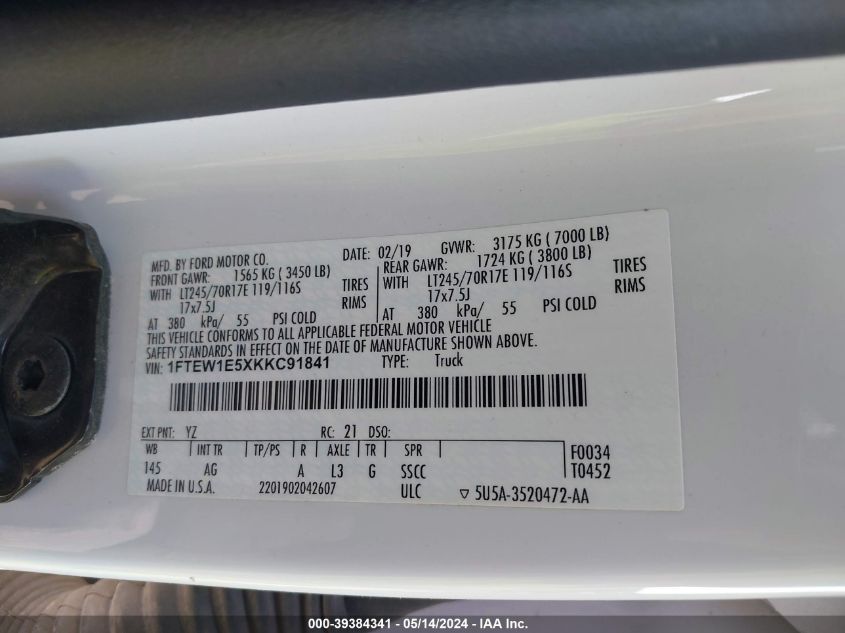 2019 Ford F-150 Xl VIN: 1FTEW1E5XKKC91841 Lot: 39384341